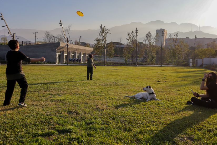 Tres niños y un perro jugando con un frisbee en el pasto del Parque Central